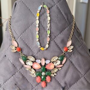Statement Pink and Green Floral Bib Necklace with Pastel Silver Tone Bracelet